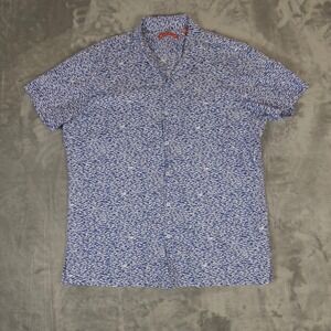 Tori Richard Button Up Shirt Mens L Blue Shark Print Cotton Lawn Hawaii Aloha